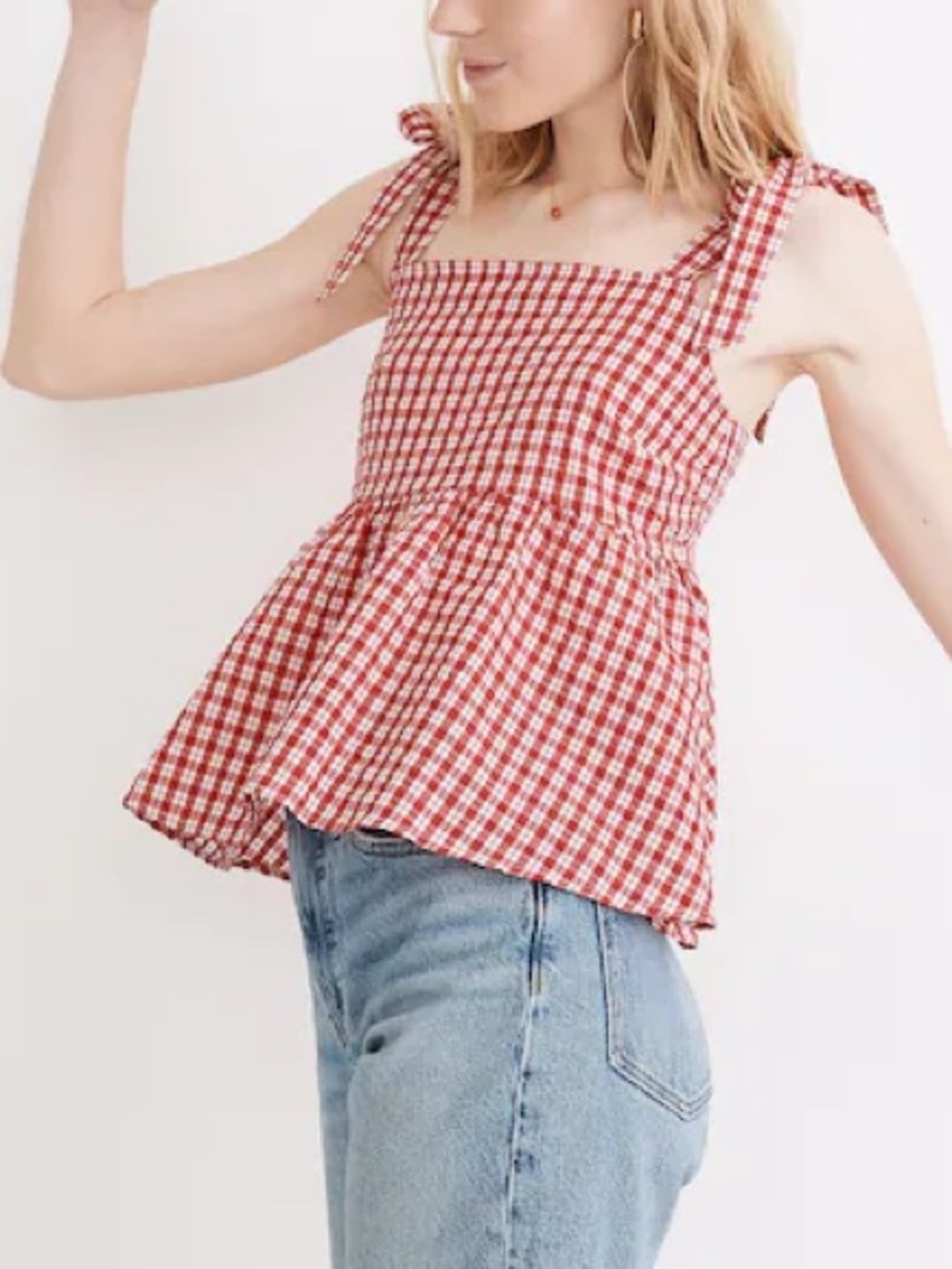 Madewell Rosalie Tie-Strap Top in Seersucker Check Bandana Red XS